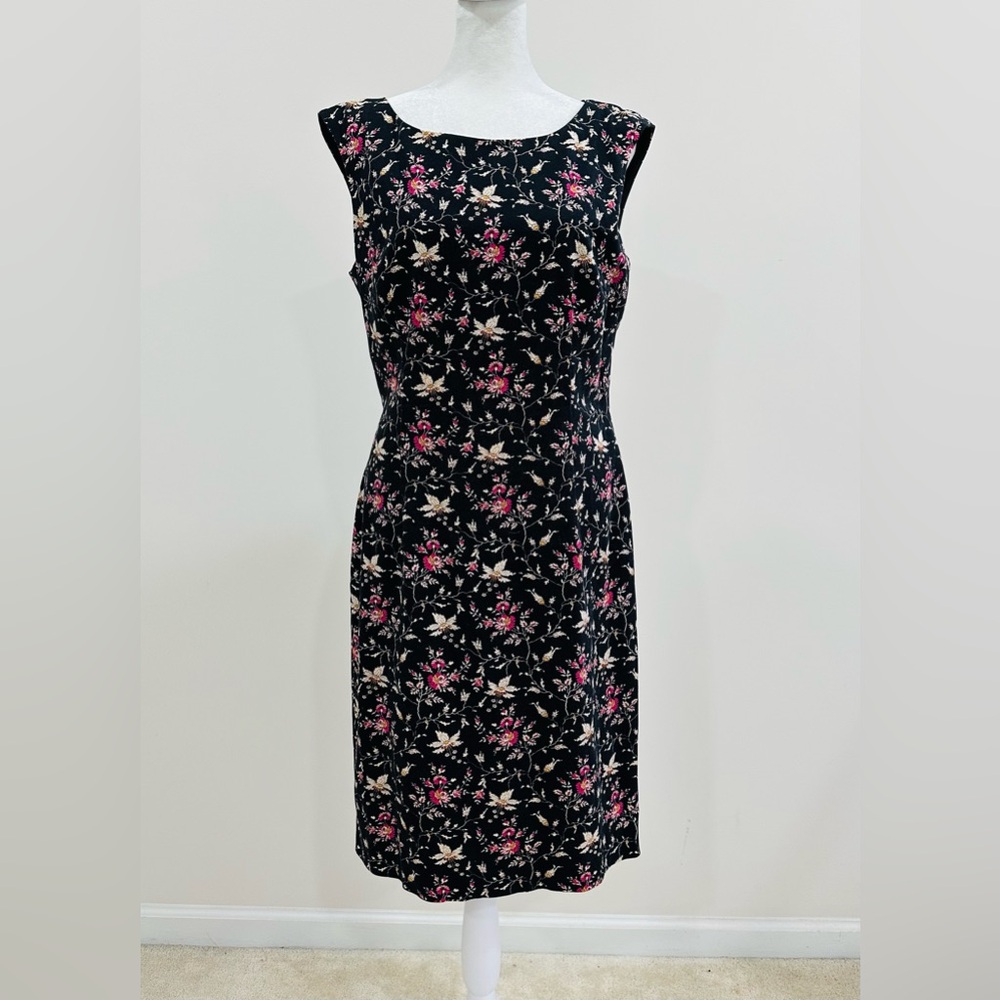 Maggy London Black Floral Sheath Dress with Pink and Cream Accents
